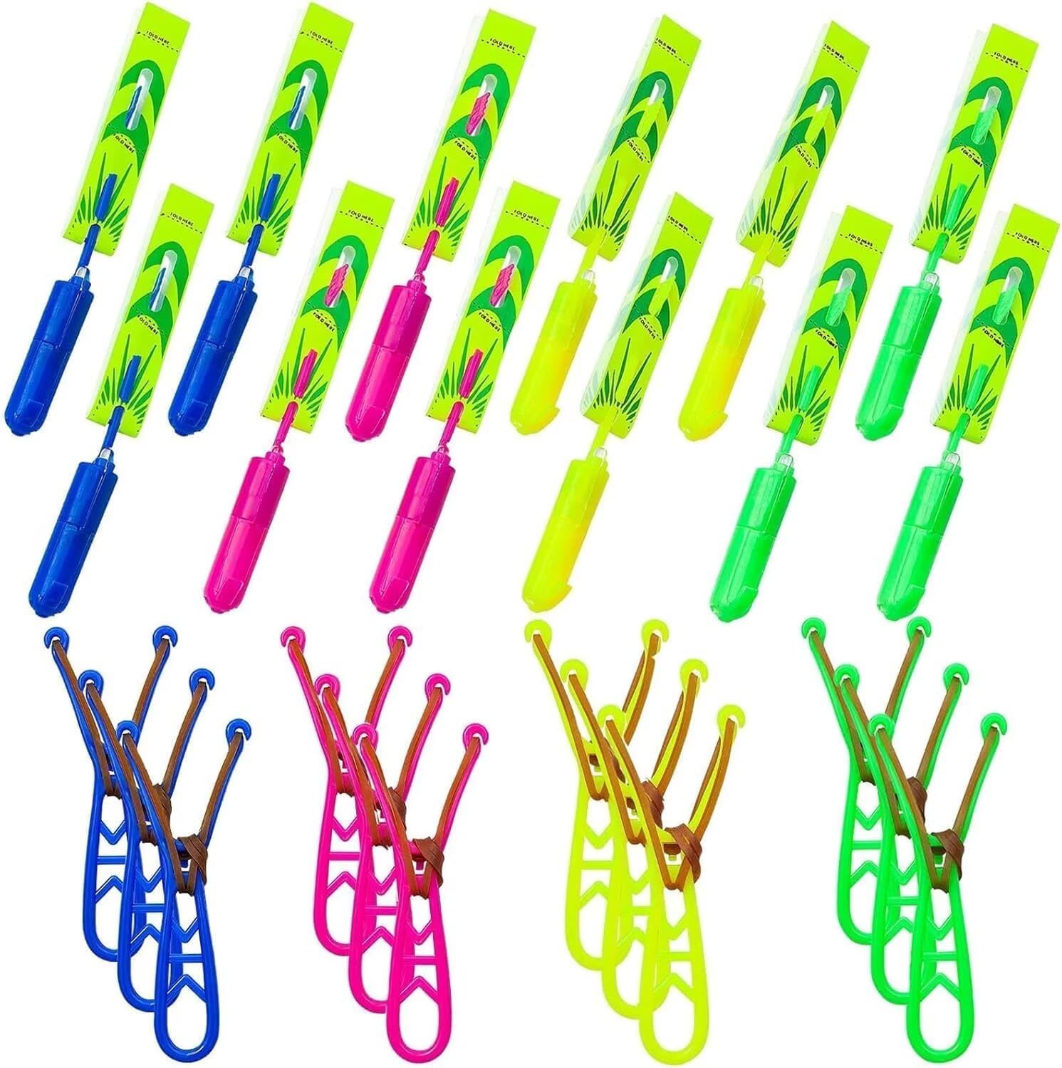 Slingshot Flying with Lights, Copter Launcher, 4 Color Slingshot for Kids, Rubber Band Launched Helicopter Toy, Includes 12 Helicopters +12 Launchers, for Summer Outdoor, Dark Party Supplies (12 Sets)