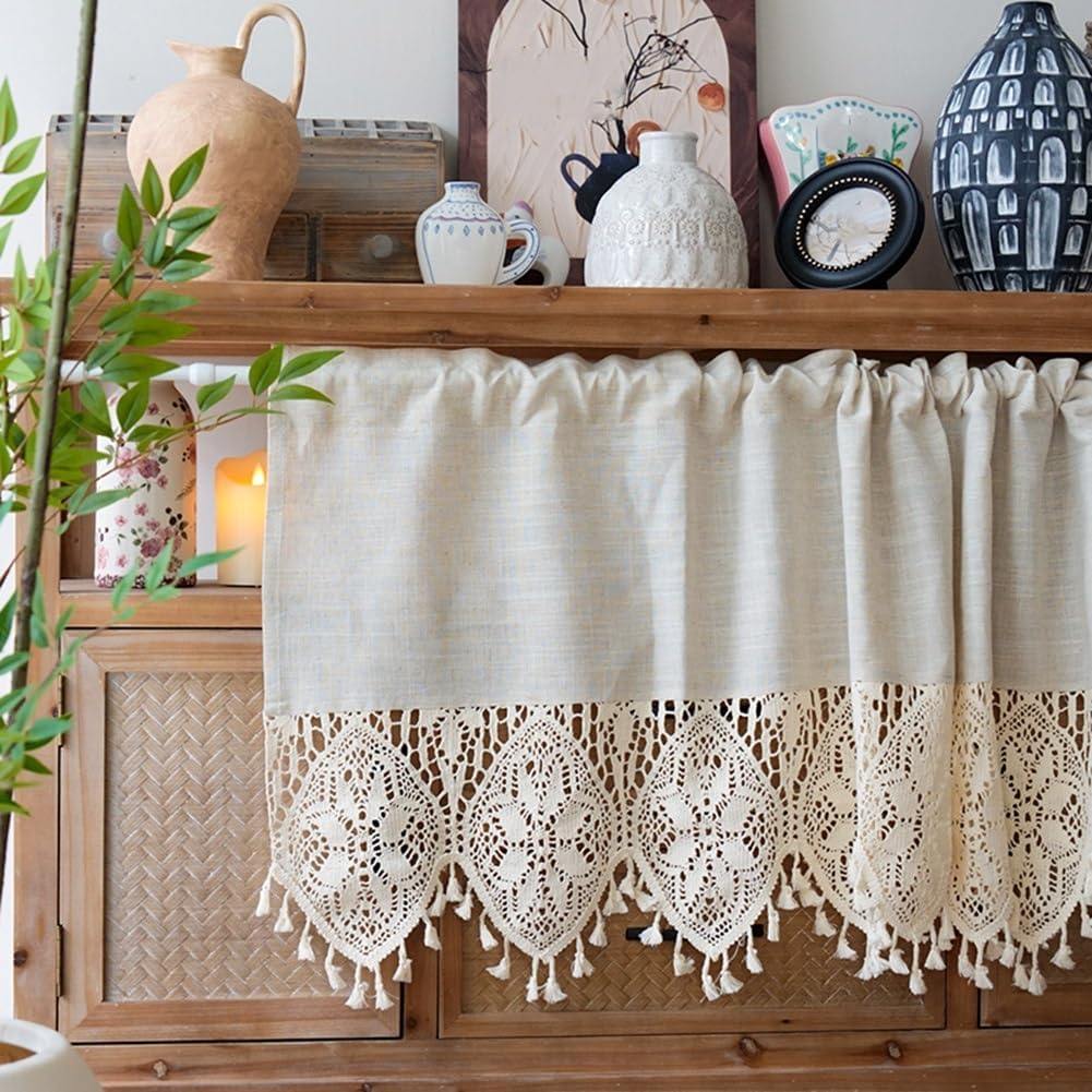 Rustic Boho Curtain Valance with Crochet Lace for Kitchen Bedroom, Rod Pocket Scalloped Edge Tassel Short Curtain