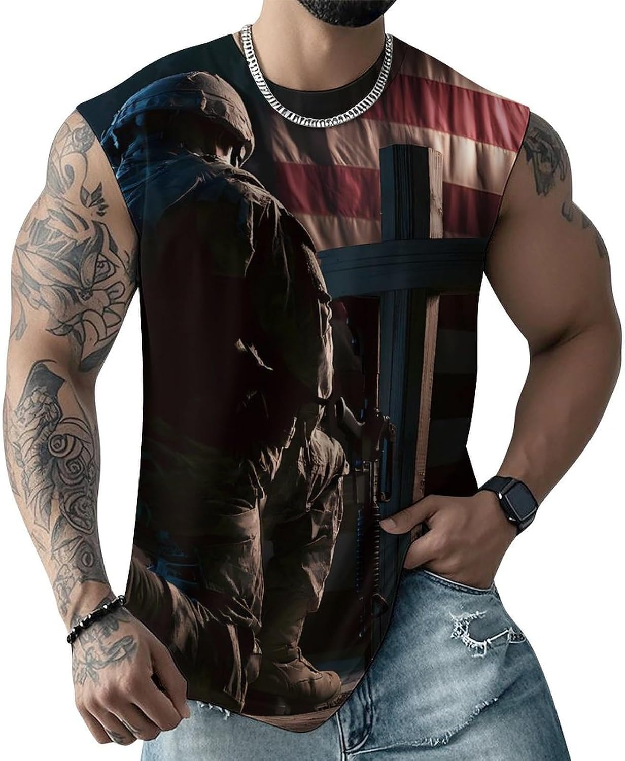 Soldier Cross U.S. Flag Men Summer Sleeveless Crew Neck Top 5XL