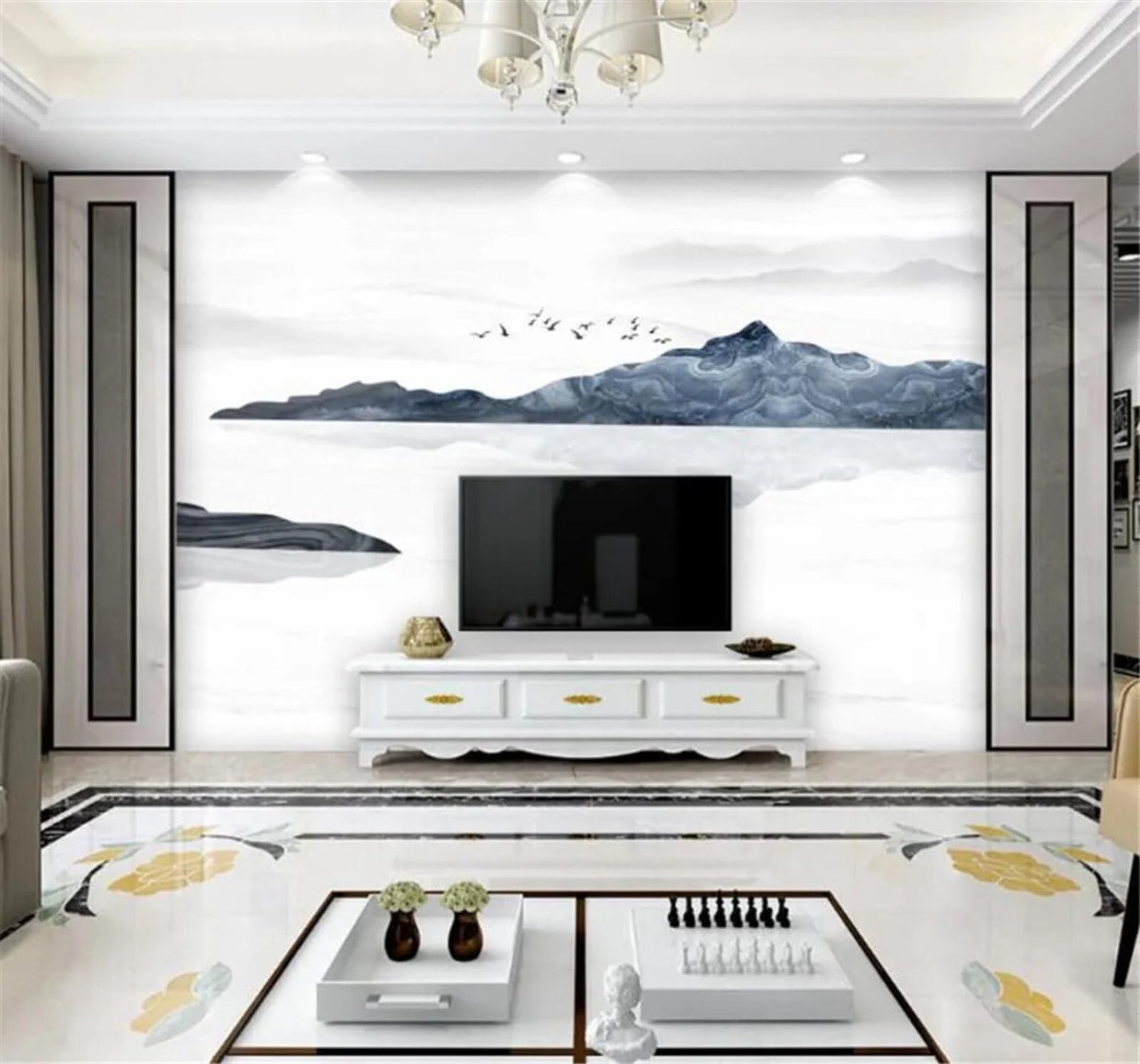 Tzxztt Hand Drawn Ink Wash Landscapes Birds in Flight Scenery Modern 3D Wallpaper Premium Textured Silk Neutral Tones Material Ideal for Living Room Bedroom-200cm×140cm