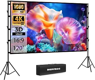 HOPFROG Projector Screen with Stand, 120 Inch Outdoor Projector Screen Portable Indoor 16:9 4K HD Rear Front Projection Movie Screen with Carry Bag Wrinkle-Free Design for Home Backyard Theater