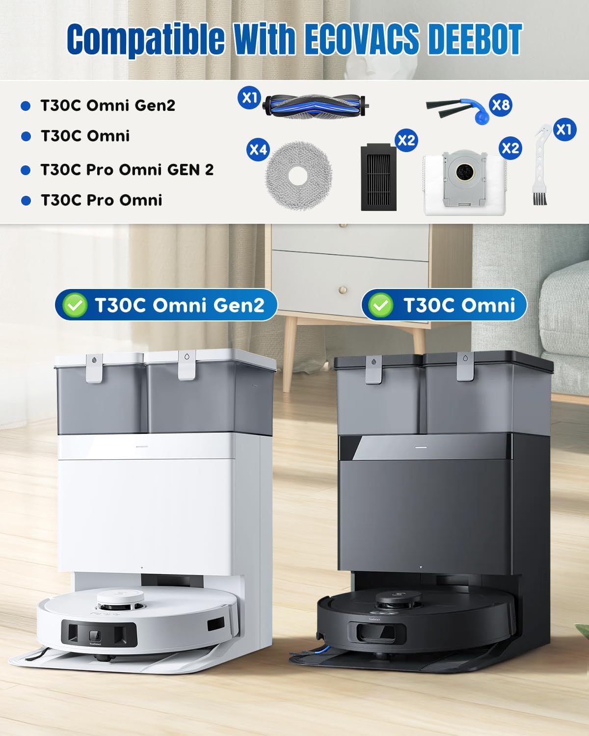Chuancheng 18Pcs Accessories Parts for Ecovacs Deebot T30C Omni & T30C Pro Omni Vacuum Cleaner, 1 Main Brush, 4 Mop Pads, 2 Dust Bag, 2 Filter, 8 Side Brushes, 1 Cleaning Brush