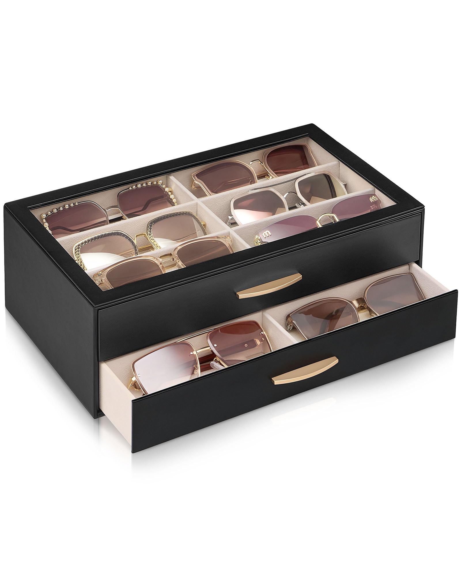 Lolalet 2-Layer Women’s Sunglasses Box Organizer, Eyewear Glasses Display Holder with 12 Slots Jewelry Watch Sunglasses Drawer Collection Case with Glass Lid -Black