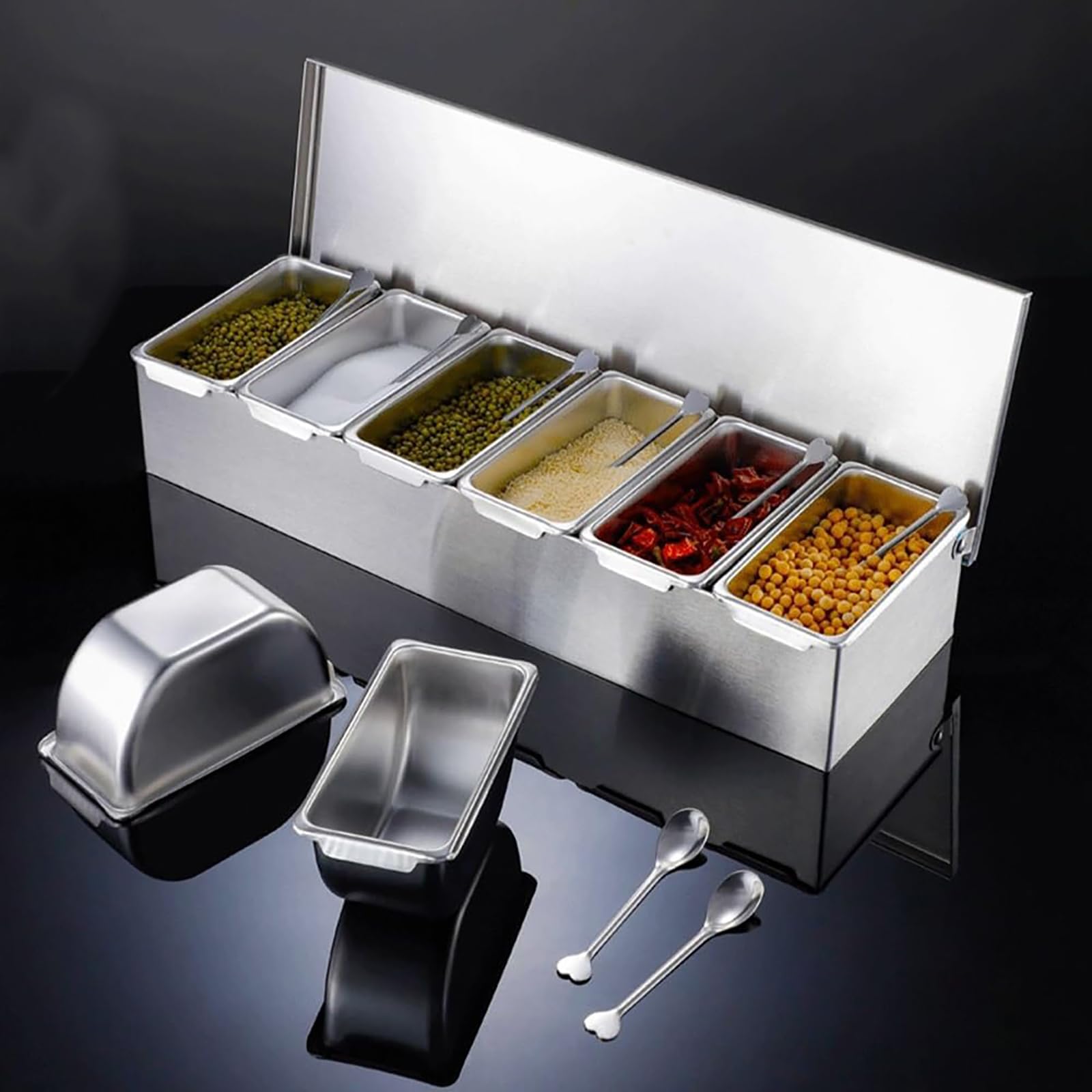 Set di 6 ripiani da cucina con vassoi e cucchiaio, soluzione organizzata per un facile accesso e una sistemazione ordinata, perfetto per uso domestico e ristorante