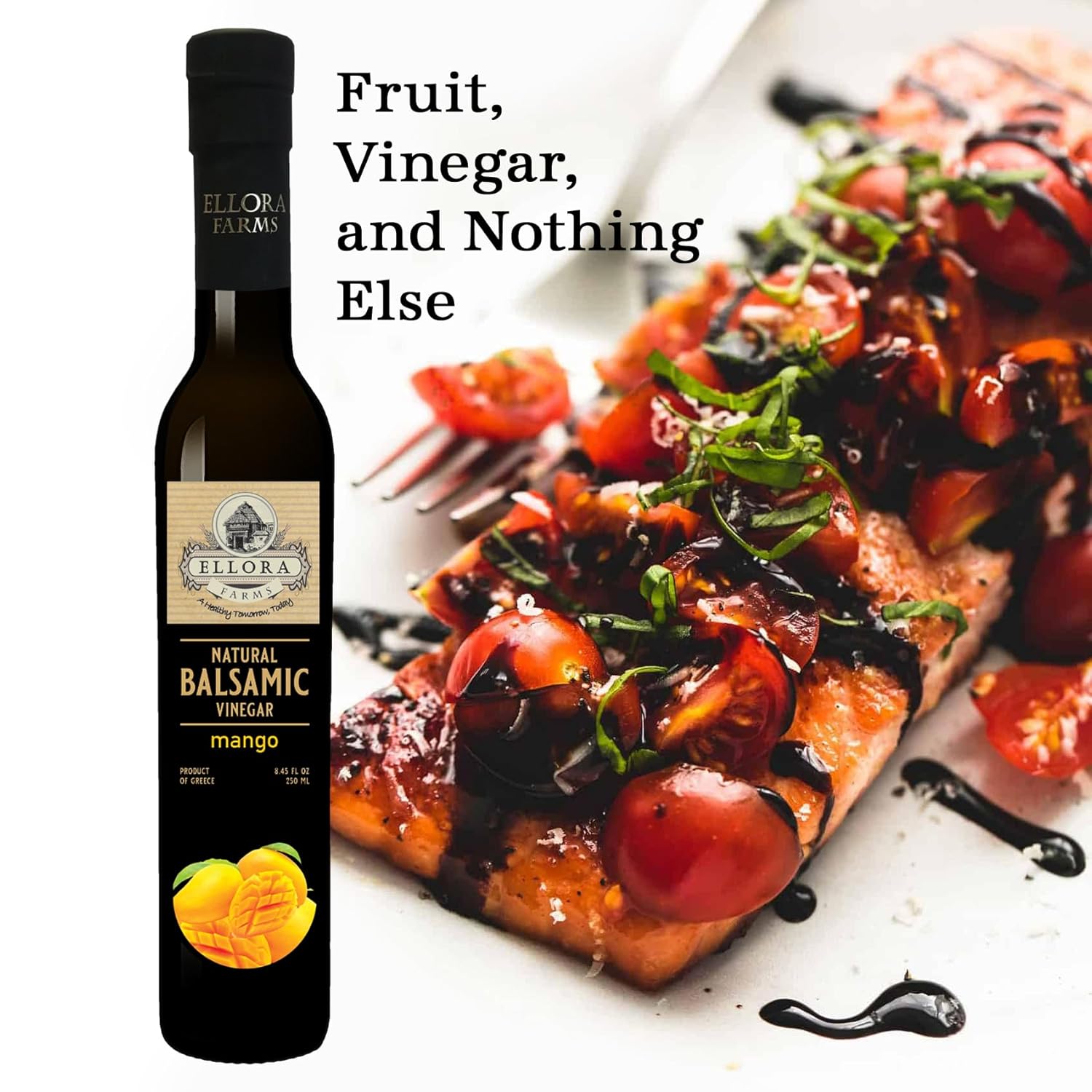 Ellora Farms, Mango fruit Infused Greek Balsamic Vinegar, thick and creamy, no-added sugars, no-preservatives, 8.45 oz. bottle, Pack of 1