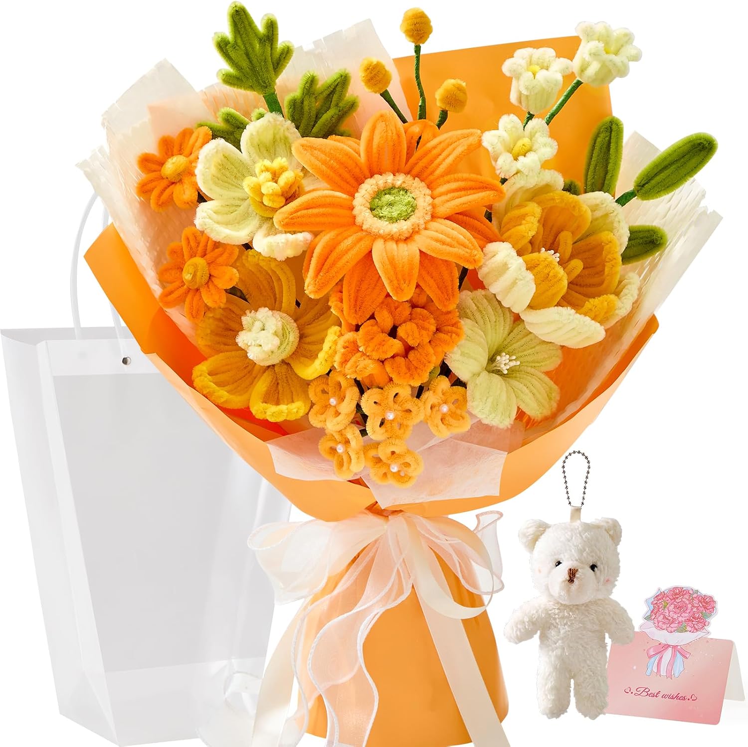 Alecono Orange Pipe Cleaner Flower Bouquet, Handmade Sunflower Gift