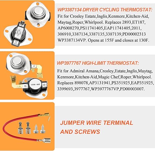 Miniatura 4 de El kit de elementos calefactores para secadora 279838 incluye termostato de secadora 3977767, fusible térmico 3977393, termostato térmico 3387134 y