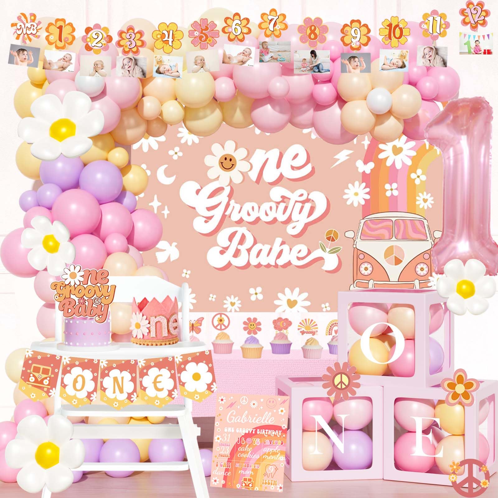 Hombae Groovy One Birthday Decorations, Hippie Daisy First Party Decor, Boho Themed Backdrop Balloon Monthly Photo Highchair Banner Cake Cupcake