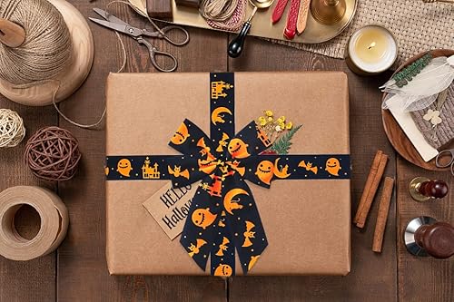 Miniatura 10 de 4 rollos de cintas de satén de Halloween para envolver regalos, cintas de Halloween naranja y negro para decoración de fiestas de bricolaje, 0.9