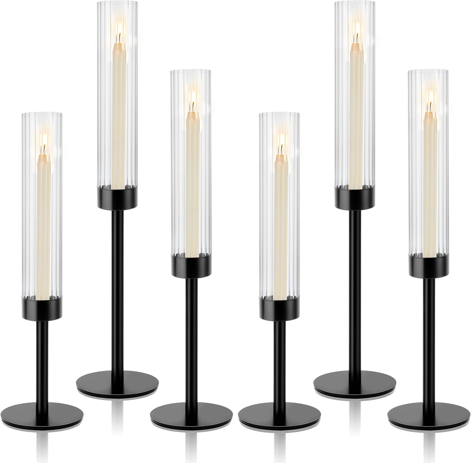 Black Hurricane Candle Holders, Set of 6 Glass Taper Candlestick Holders Metal Candle Stands Bulk with Ribbed Glass Cover for Dining Tables Wedding Candelabra Centerpieces Decor