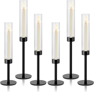 Black Hurricane Candle Holders, Set of 6 Glass Taper Candlestick Holders Metal Candle Stands Bulk with Ribbed Glass Cover for Dining Tables Wedding Candelabra Centerpieces Decor
