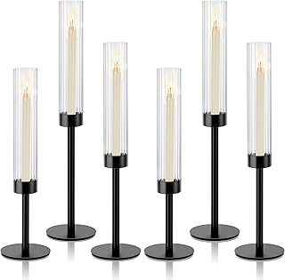 Black Hurricane Candle Holders, Set of 6 Glass Taper Candlestick Holders Metal Candle Stands Bulk with Ribbed Glass Cover for Dining Tables Wedding Candelabra Centerpieces Decor
