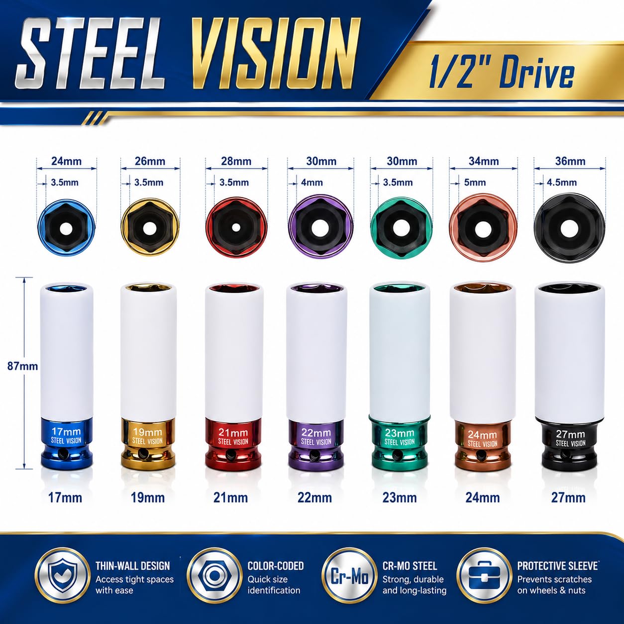 Steel Vision Juego de llaves de impacto de 7 unidades métricas, 1/2 pulgada, 17, 19, 21, 22, 23, 24 y 27 mm, Cr-Mo