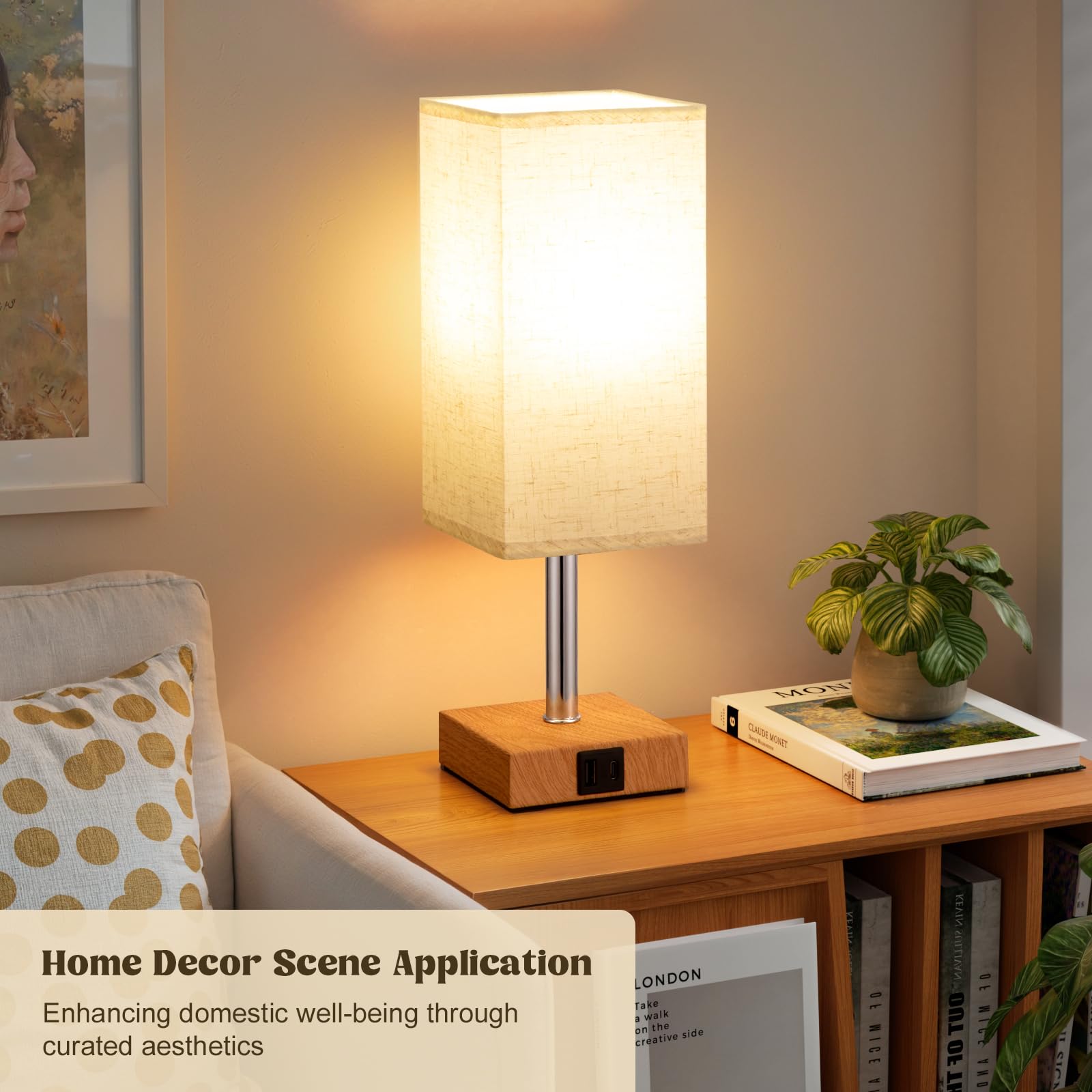 Lampki nocne, Lampy stołowe do salonu, sypialni, Lampy dotykowe Lampki nocne z portami ładowania USB A+C, Ściemnialna lampa do sypialni z abażurem z tkaniny do pokoju dziecięcego, gabinetu, akademika,