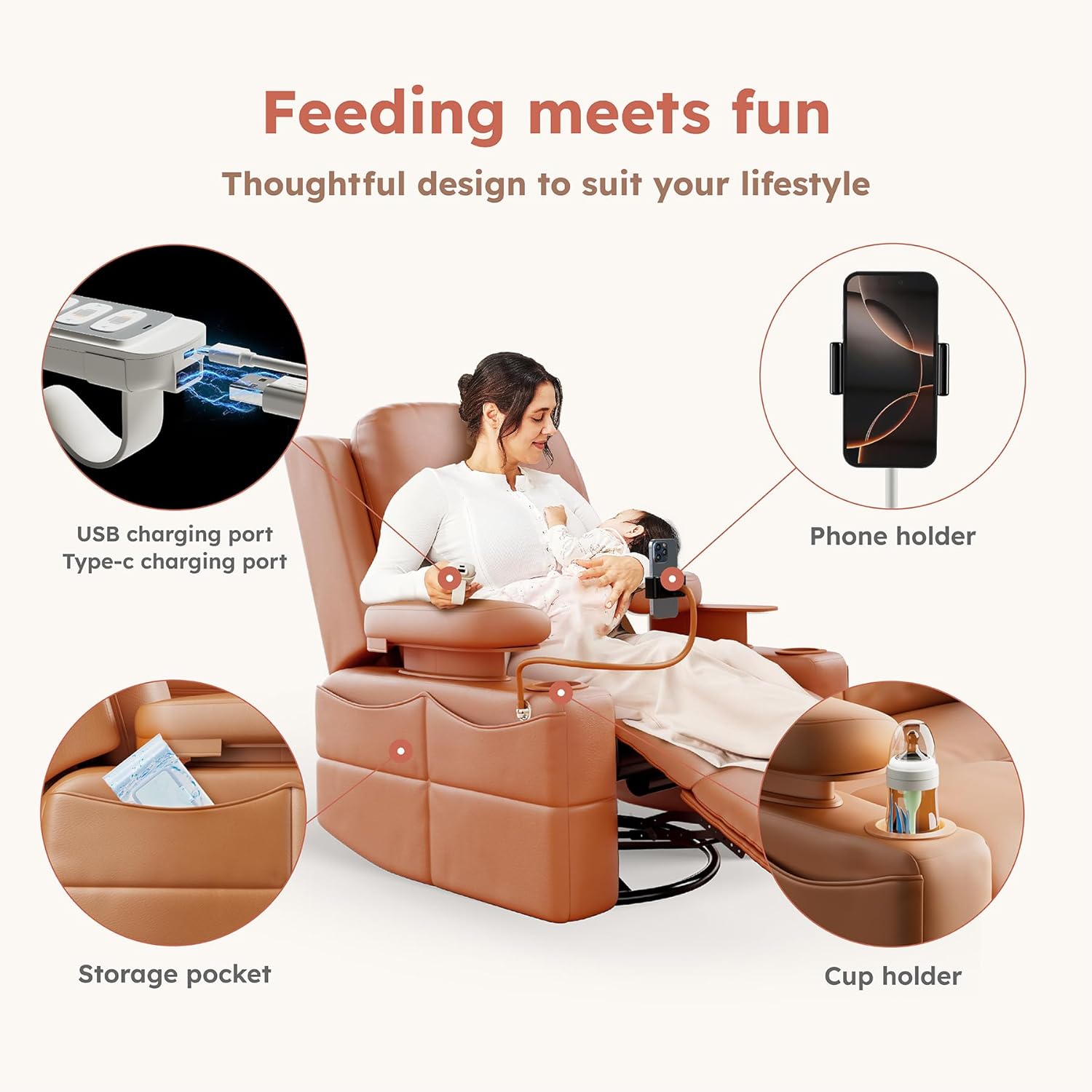 MAMAZING Lullapod Power Nursery Recliner Rocking Chair, Triple Motor Power Recliner with HugAssist Armrest, 270° Swivel Glider and Quiet Rocking Chair Nursery with Dual Charging Port and Storage