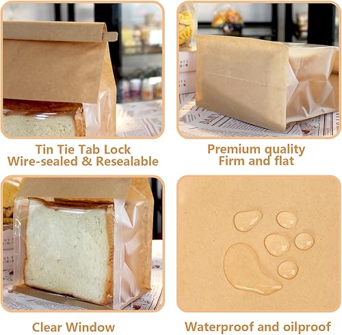 Miniatura 4 de Bolsas de pan de papel resistentes con bloqueo de lengüeta de estaño, 50 unidades, bolsa de pan con ventana frontal transparente, bolsa de embalaje