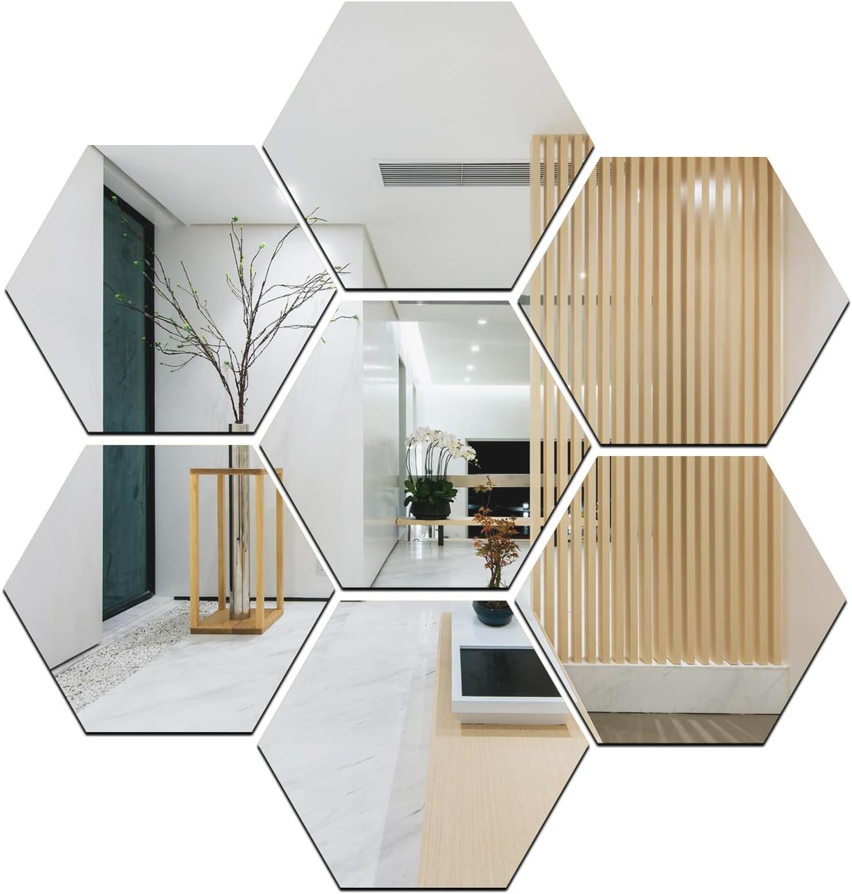 Wall1ders Decoration 7 Plastic 3D Hexagon Mirror Wall Stickers, for Wall (Silver, Each Hexagon Size 12.1 cm x 10.5 cm)