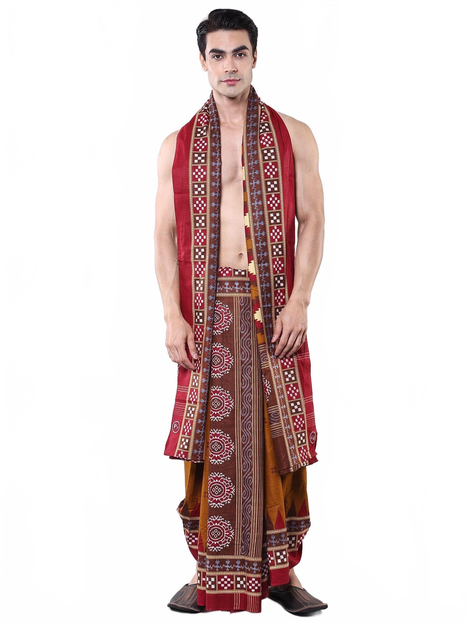 Pure Cotton Dhoti & Angavastram Set Ikat Temple Border & Chakra Bootis from Sambalpur | Men's Wear for Worship-image-36