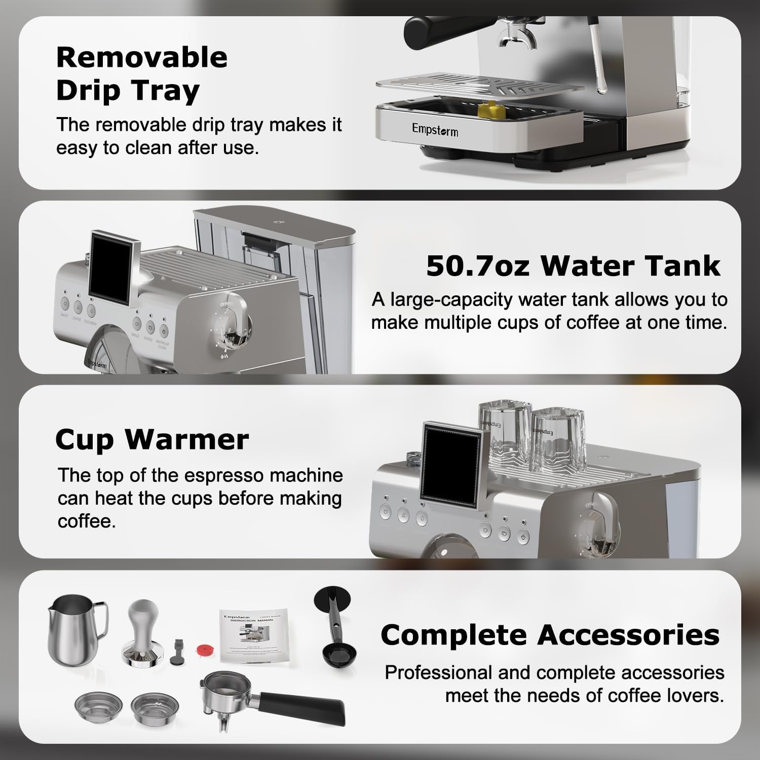 Espresso Machine with LED Display, 20 Bar Espresso Maker with Milk Frother Steam Wand, Hot & Iced Coffee Machine - 51oz Water Tank for Cappuccino, Latte, Cold Brew (Stainless Steel)