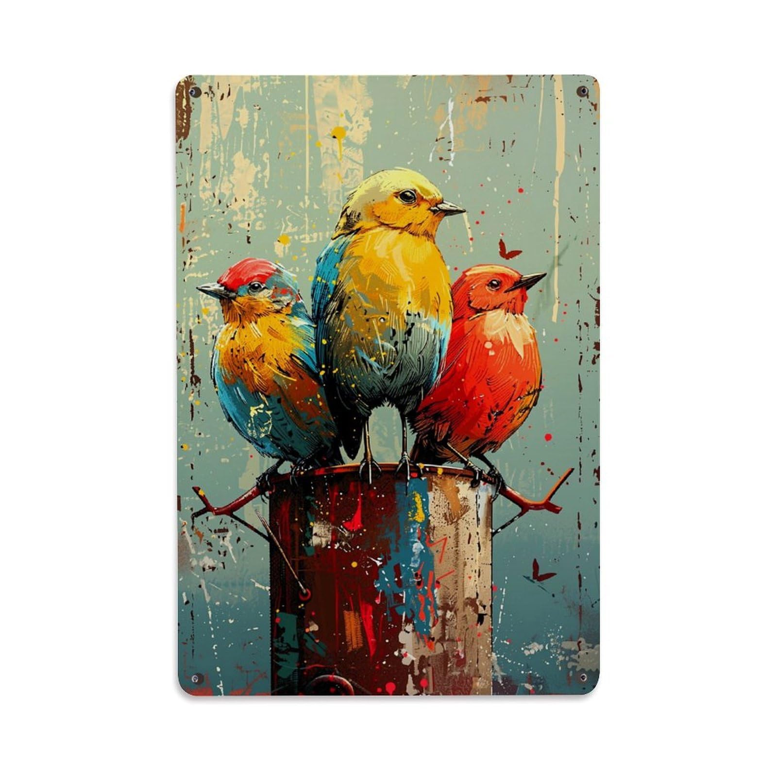 Jdfenggu Vintage Colorful Birds On Painted Post Retro Metal Tin Sign, Metal Poster For Bar, Home, Man Cave, Kitchen, Laundry Room Art Decor 8X12 Inch