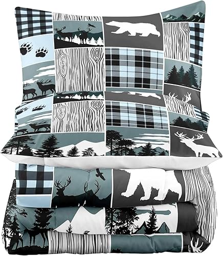 Miniatura 4 de LUVIVIHOME Juego de edredón de 3 piezas con diseño de ciervos y oso, tamaño Queen, alce, bosque, animales, vida silvestre, caza, campo, cabaña, casa