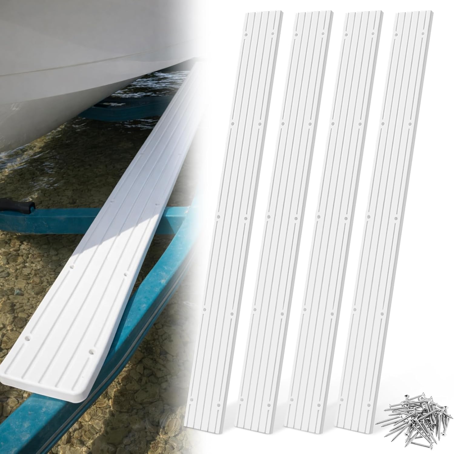 Sieral 4 Kit 3" x 48" Boat Trailer Bunk Slides, Heavy Duty PE Pads with Controlled Glide Safety Design, Includes 12 Pre-Drilled Holes and 50 Screws, for Smooth and Safe Loading & Launching