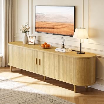 65" Mid Century Modern TV Stand with Power Outlet, Fluted Entertainment Center with Storage and Adjustable Shelves, Wood TV Console with Sliding Doors for Living Room, Oak