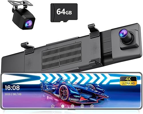 Cámara de tablero de espejo 4K de 12 pulgadas frontal y trasera + tarjeta SD de 64G, pantalla táctil IPS, cámara de espejo retrovisor dual para
