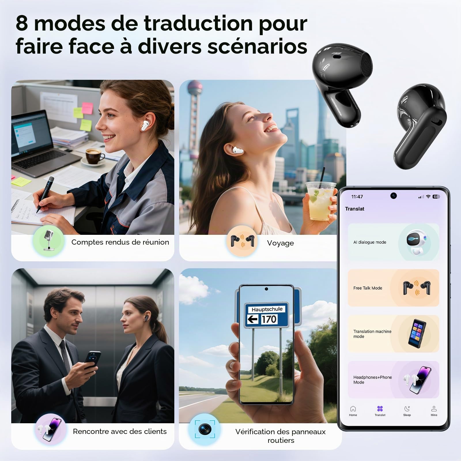 Traducteur Écouteur NE20 OWS Sans Fil 134 Langues IA Bluetooth 5.4 Écran LED Blanc