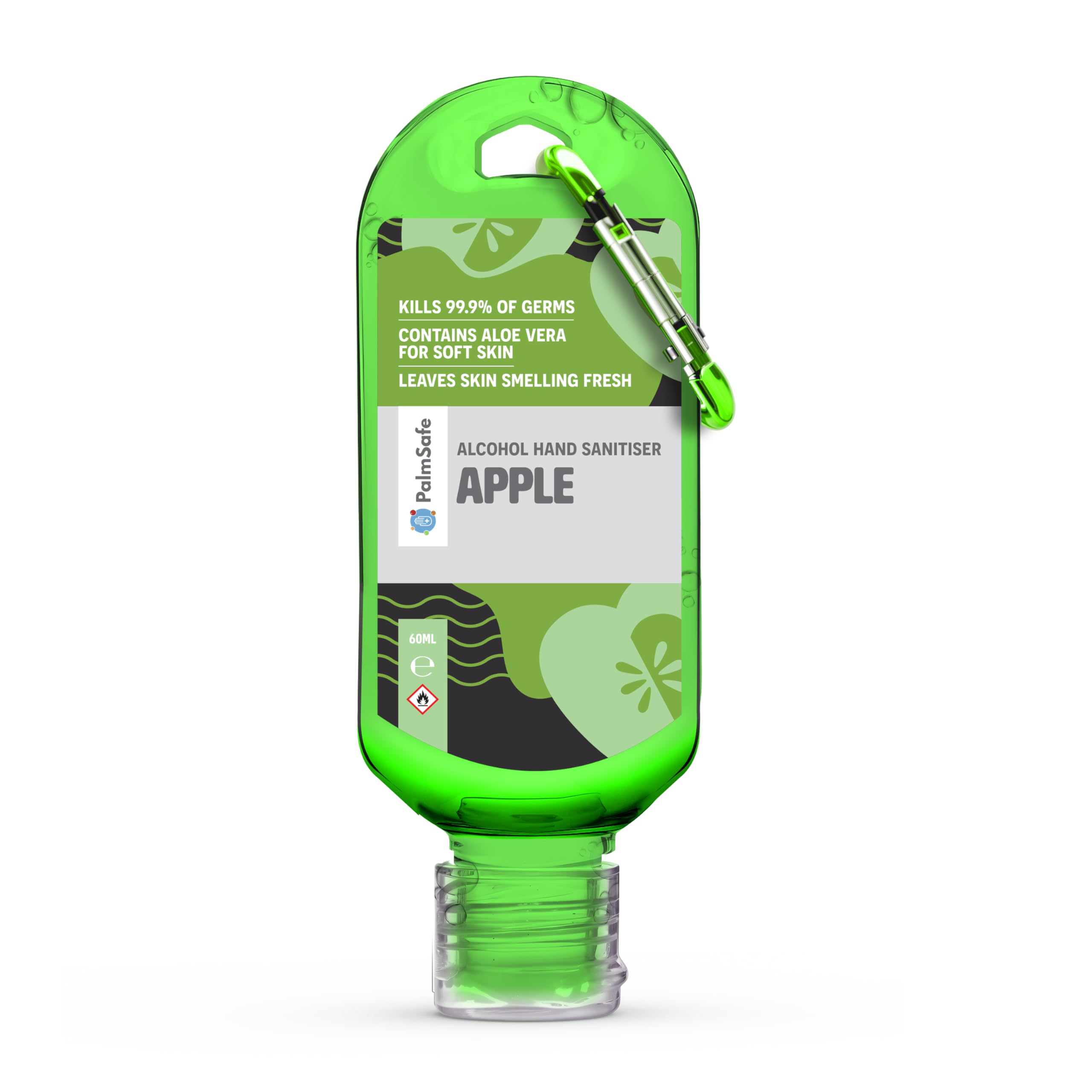 Palm Safe Apple 60ml Anti Bacterial Premium Hand Sanitiser Travel Size Refillable Clip Bottle Quick Drying Non Sticky Extra Moisturising Kills 99.9% of Viruses and Bacteria