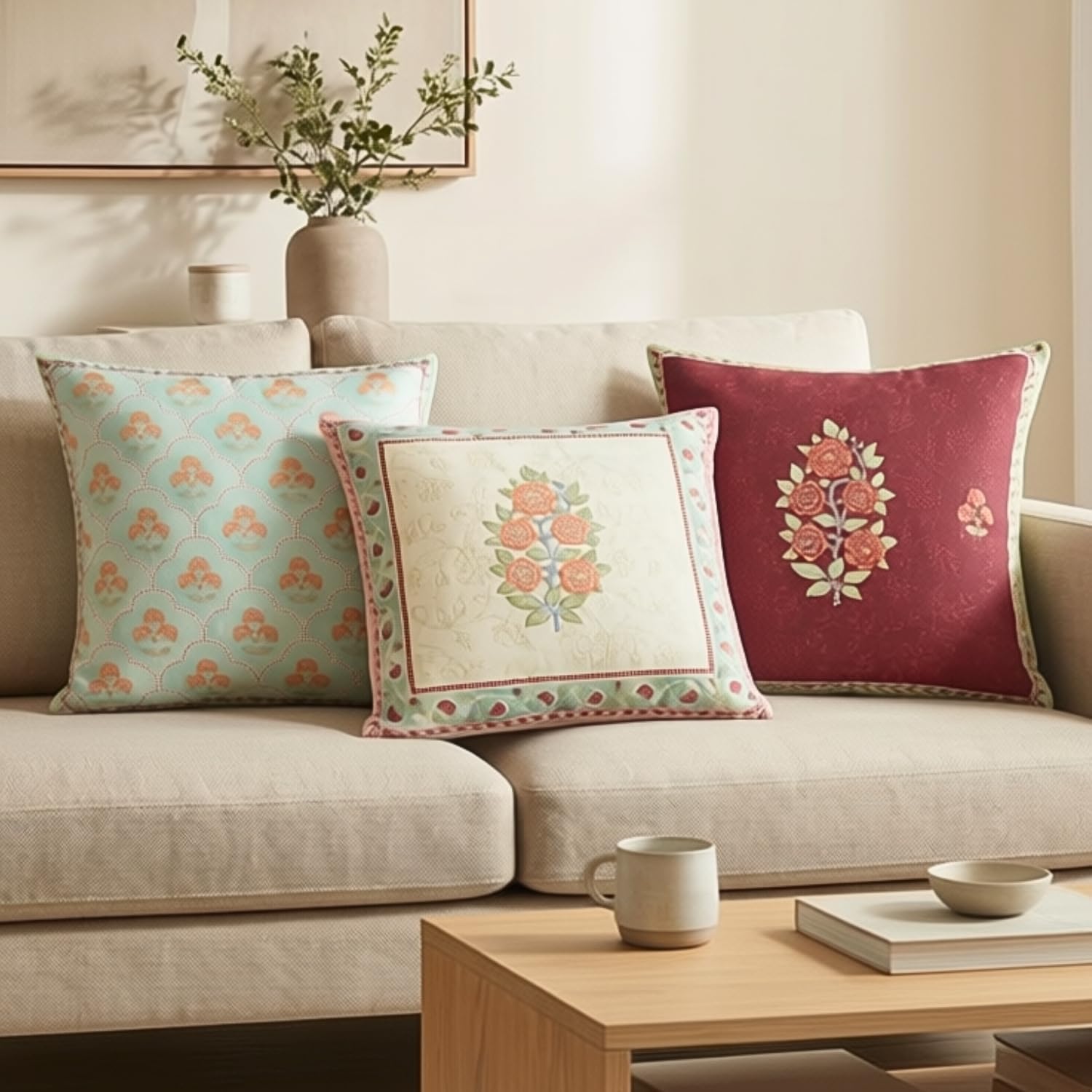 haus & kinder Decorative Cushion Cover 100% Cotton Digital Printed Rouge and Rose Cushion Covers for Living Room, Aesthetic Decor | Pack of 3, 16 Inch x 16 Inch