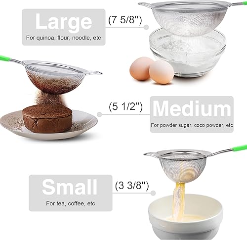 Miniatura 2 de Paquete de 3 coladores de malla extrafina de acero inoxidable 188, tamices grandes, medianos y pequeños con asas cómodas y antideslizantes, ideales