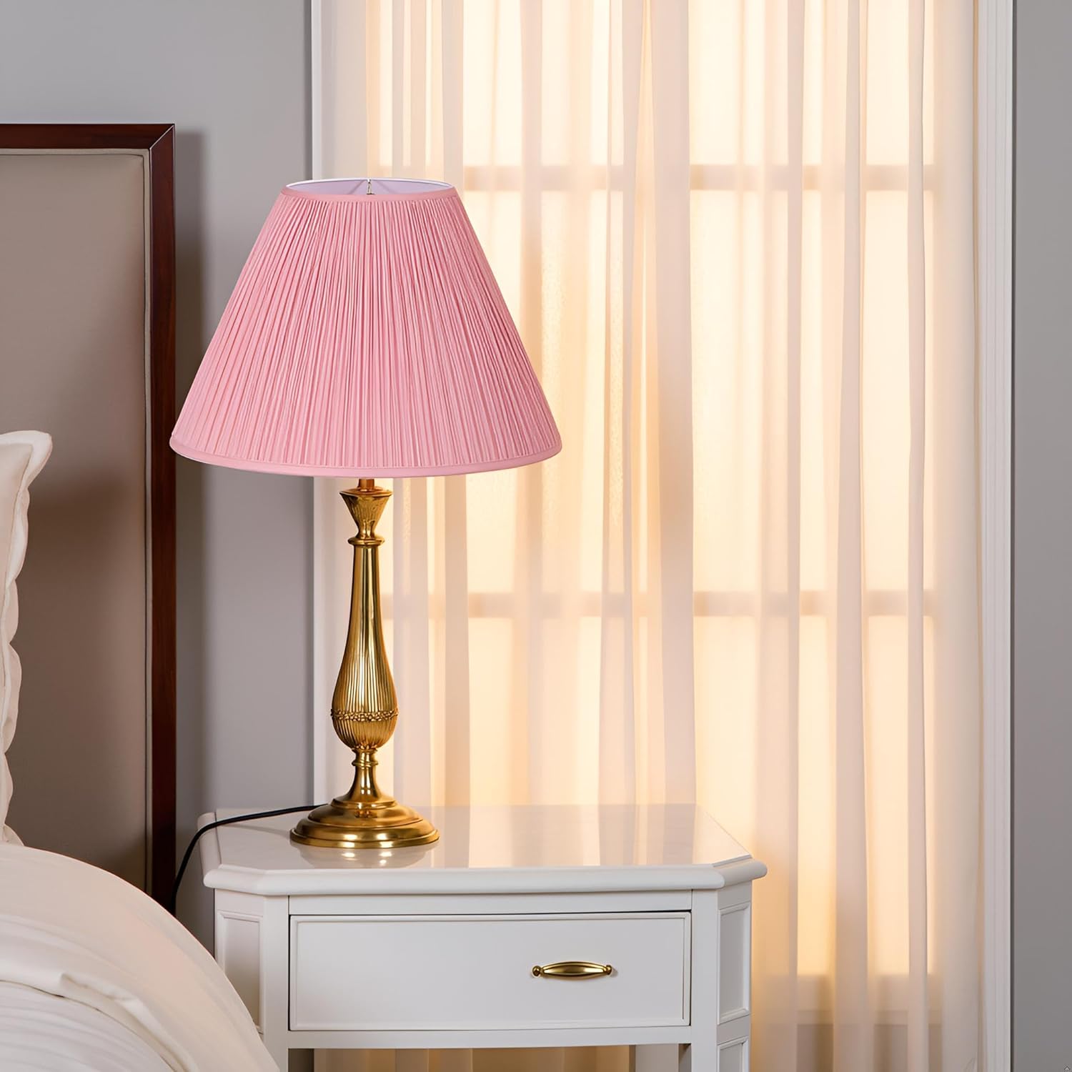 Aspen Creative 33027, Hardback Empire Transitional Spider Lamp Shade, Mushroom Pleated Rose Pink Faux Silk Fabric, 7" Top x 18" Bottom x 13" Slant Height