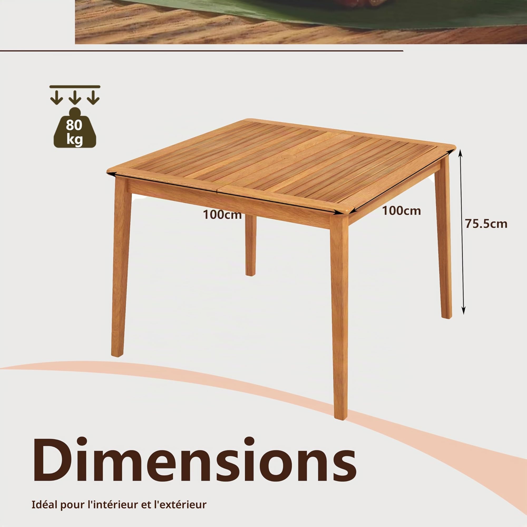 KOMFOTTEU Table de Jardin avec Trou pour Parasol de 5 cm, Table à Manger en Bois d'acacia pour 4/6/8 Personnes, Bureau à Lattes, Extérieur & Intérieur (100 x 100 x 75,5 cm)