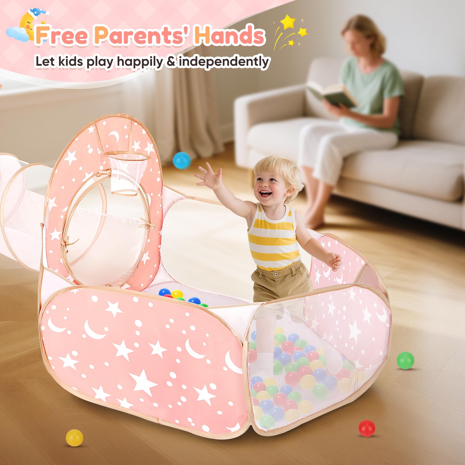 Tente de Jeu 3 en 1 pour Enfants avec Tunnel et Piscine à balles, maisonnette de Jeu château escamotable pour intérieur et extérieur, Vide sanitaire Pliable avec Panier de Basket