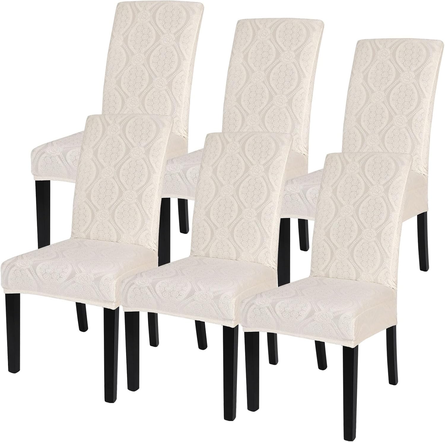 SearchI Jacquard Dining Room Chair Covers Set of 6, Stretch Kitchen Chair Covers Washable Parsons Chair Slipcover Removable Dining Chair Protectors for Hotel,Ceremony(Beige Geometric Jacquard)