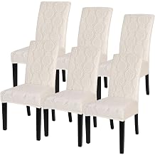 SearchI Jacquard Dining Room Chair Covers Set of 6, Stretch Kitchen Chair Covers Washable Parsons Chair Slipcover Removable Dining Chair Protectors for Hotel,CeremonyBeige Geometric Jacquard