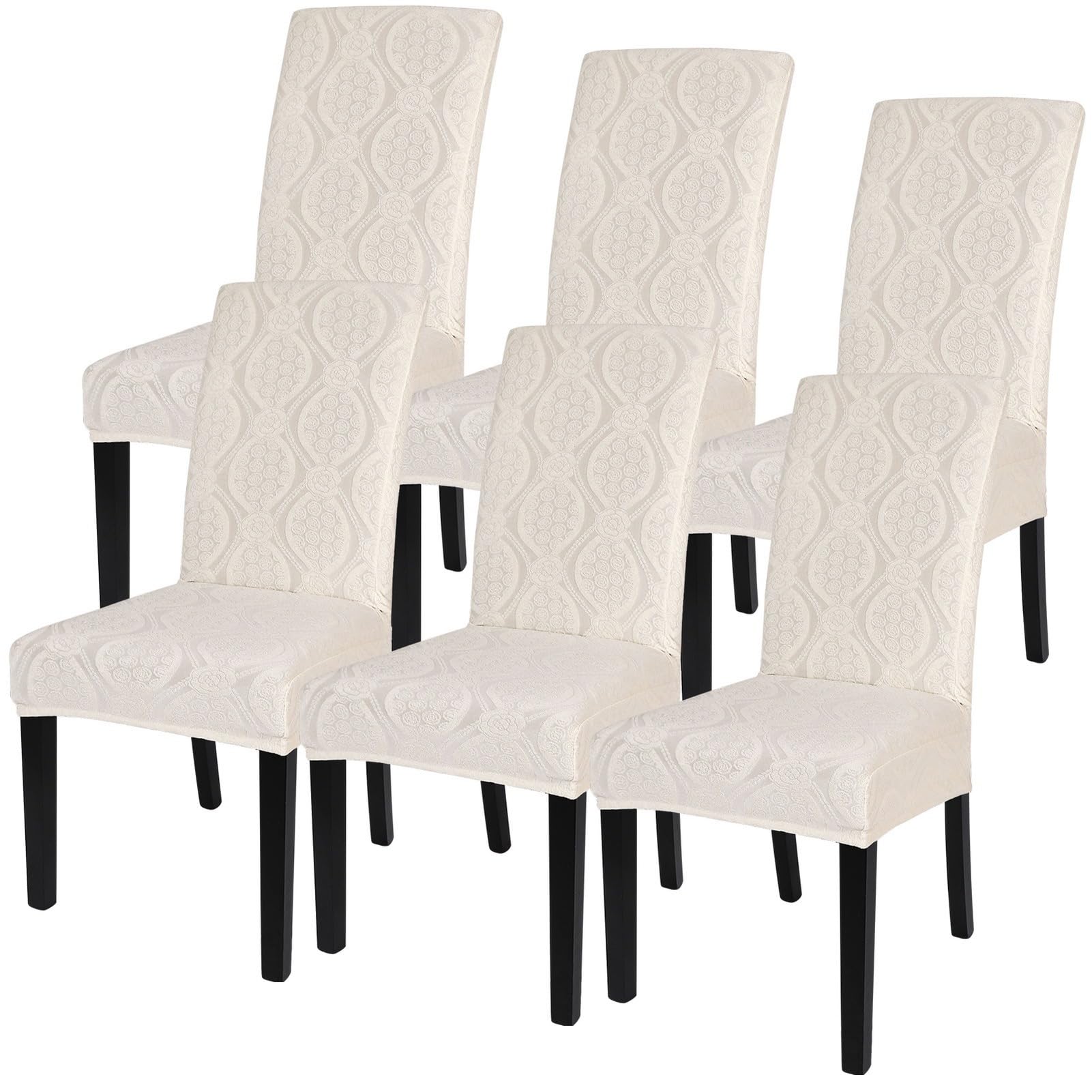 SearchI Jacquard Dining Room Chair Covers Set of 6, Stretch Kitchen Chair Covers Washable Parsons Chair Slipcover Removable Dining Chair Protectors for Hotel,Ceremony(Beige Geometric Jacquard)