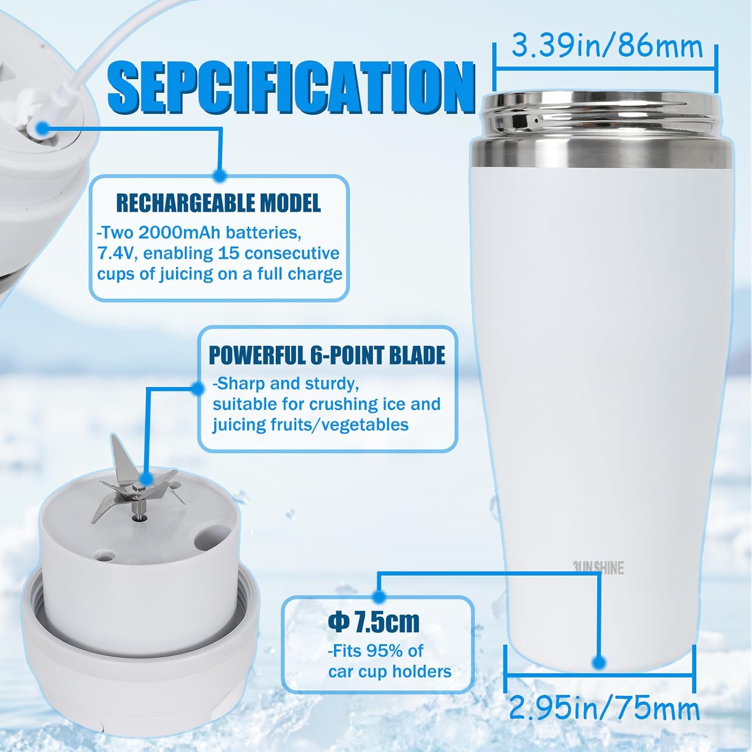 Ice Shave 2-in-1 Stainless Steel Vacuum Tumbler & Cordless Blender - 28oz, Leak Resistant, Cold 24Hrs/Ice 2 Days, 120 Watts with Waterproof Charging - For Smoothies, Home/Office/Car, White