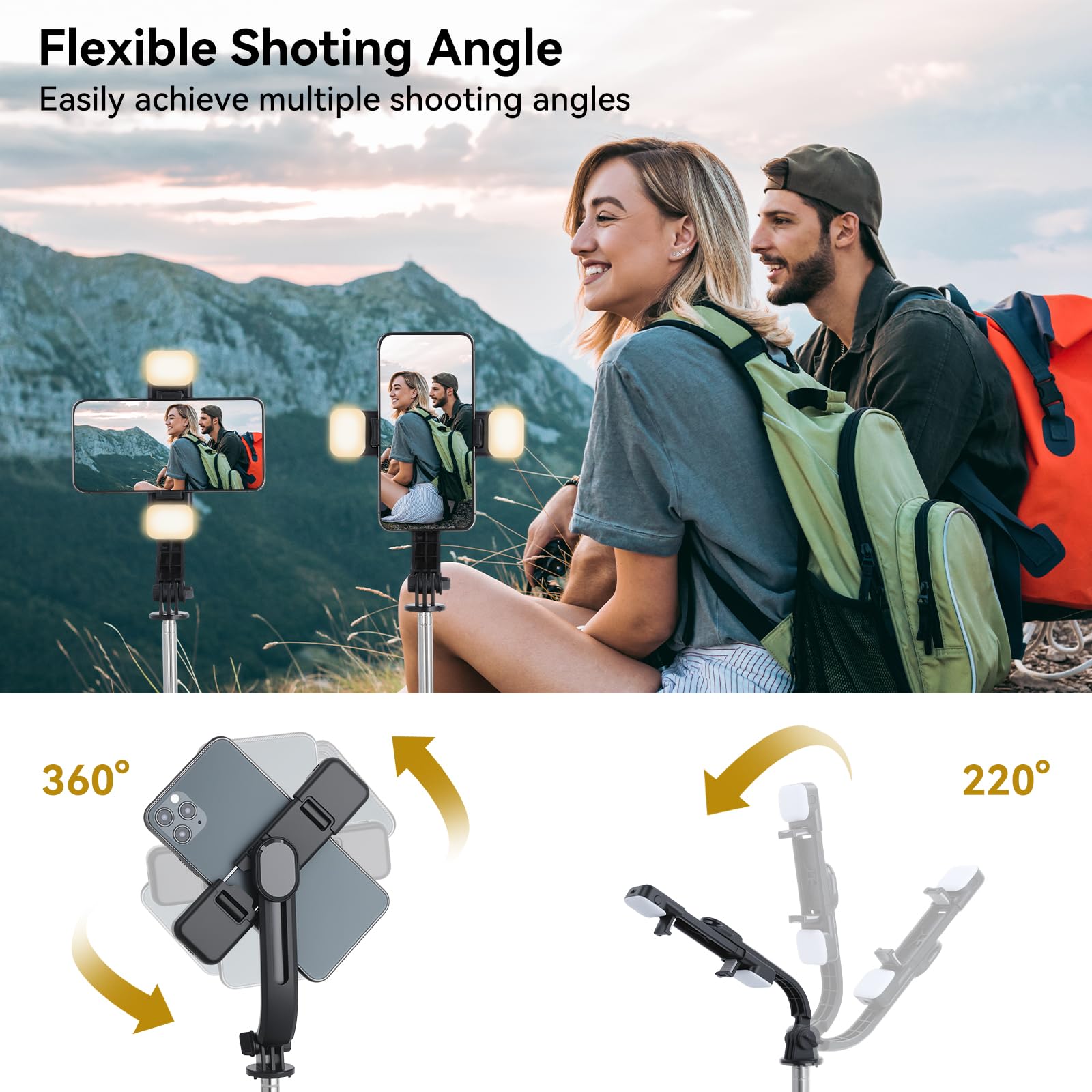 UTEBIT 116CM Trépied Telephone Portable Rétractable avec 2 Lumière, Perche a Selfie, Support de Téléphone avec Télécommande Détachable pour iPhone,Android,Gopro,Appareil Photo