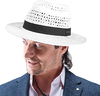 Mens Straw Fedora Hats Women Vented Panama Wide Brim Summer Beach Sun Hat