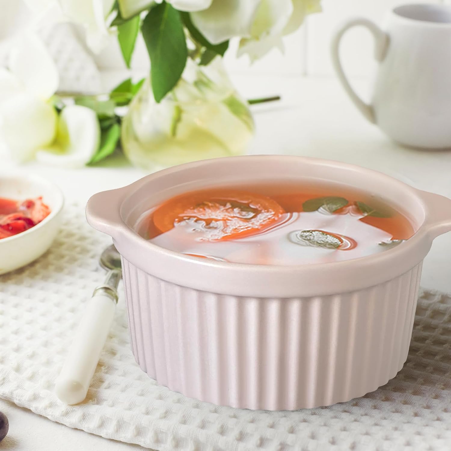 Cinf 32 oz Pink Ceramic Serve Rakemins 1 PACK Creme Brulee Set Separator Sauce Bowls Souffle Dish for Baking Oven Safe to 500F
