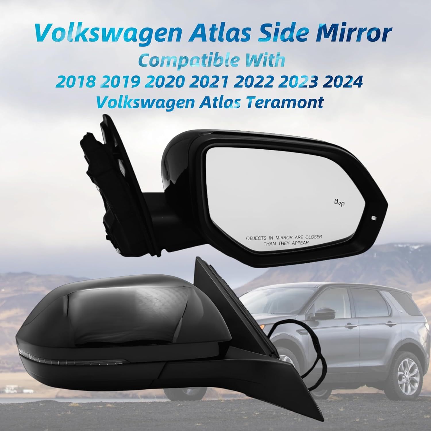 Passenger Side Mirror Compatible With Volkswagen Atlas 2018 2019 2020 2021 2022 2023 2024 With Heated Power Mirror Turn Signal Light Blind Spot Indicator (6+2 Pins) Gloss Black (RH)