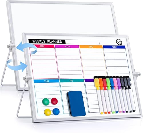 ARCOBIS Pizarra blanca de borrado en seco con soporte, pizarra blanca semanal de doble cara de 12 x 16 pulgadas, 10 marcadores, 4 imanes, 1