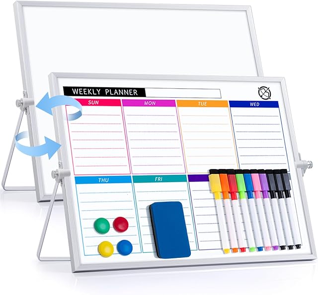 Dry Erase White Board with Stand, ARCOBIS 12" x 16" Weekly Double-Sided Desktop Whiteboard 10 Markers, 4 Magnets, 1 Eraser, Portable Magnetic Dry Erase Calendar for Planning, to Do List, Memo, School