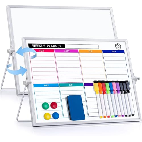ARCOBIS Dry Erase White Board with Stand, 12" x 16" Weekly Double-Sided Desktop Whiteboard 10 Markers, 4 Magnets, 1 Eraser, Portable Magnetic Dry Erase Calendar for Planning, to Do List, Memo, School