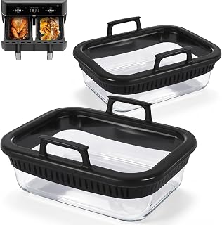 YIIFELL 2 Stück Auflaufform für Airfryer für Ninja, Cosori, Philips, Glas Heißluftfritteuse Zubehör mit Herausnehmbarem Silikonring, BPA-frei, Hitzebeständig, Kratzfest, Spülmaschinenfest