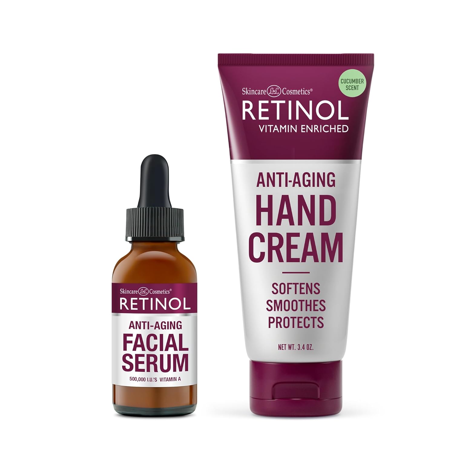 Retinol Anti-Wrinkle Facial Serum – Vitamin-Enriched, Smoothes Fine Lines & Wrinkles + Retinol Anti-Aging Hand Cream - Conditions & Protects Skin, Nails & Cuticles