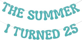 The Summer I Turned 25 Banner - Cheers to 25 Years, Summer Beach 25th Birthday Party Decorations Blue Glitter