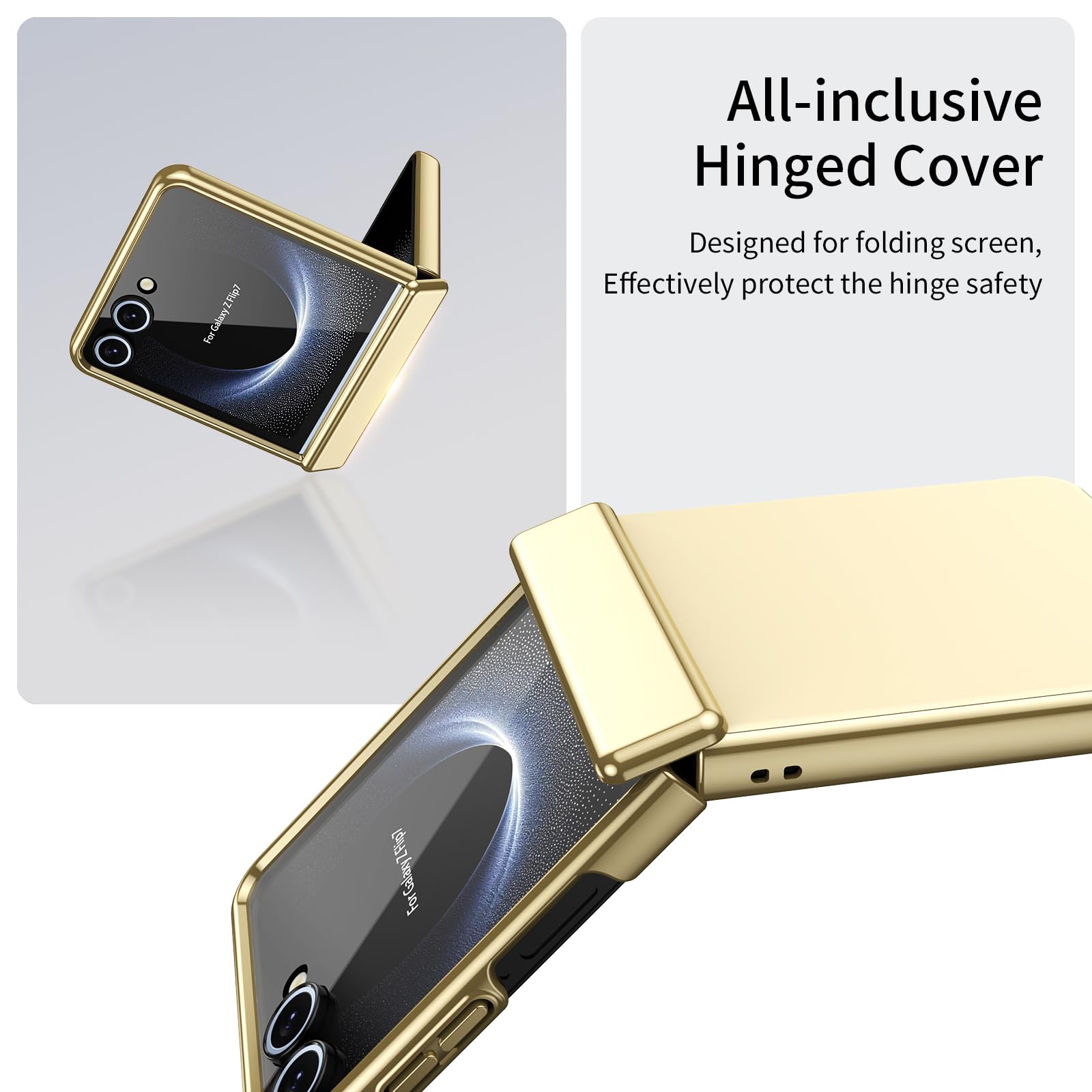 COQUE Funda para Samsung Flip 7,Carcasa con película Protectora integrada, bisagra Dorada galvanizada, Cubierta Completa,Funda Plegable para Samsung Galaxy Z Flip 7 5G-Dorado